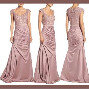 Elegant Lace Bodice Satin Gown - Dusty Rose